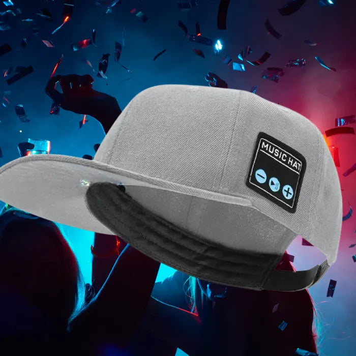 gray bluetooth music hat at party with sounds