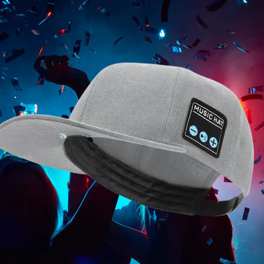 gray bluetooth music hat at party with sounds