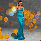 Glamorous teal satin mermaid formal dress with a V-neckline shown on model. Excellent choice when you need to buy a standout prom dress.