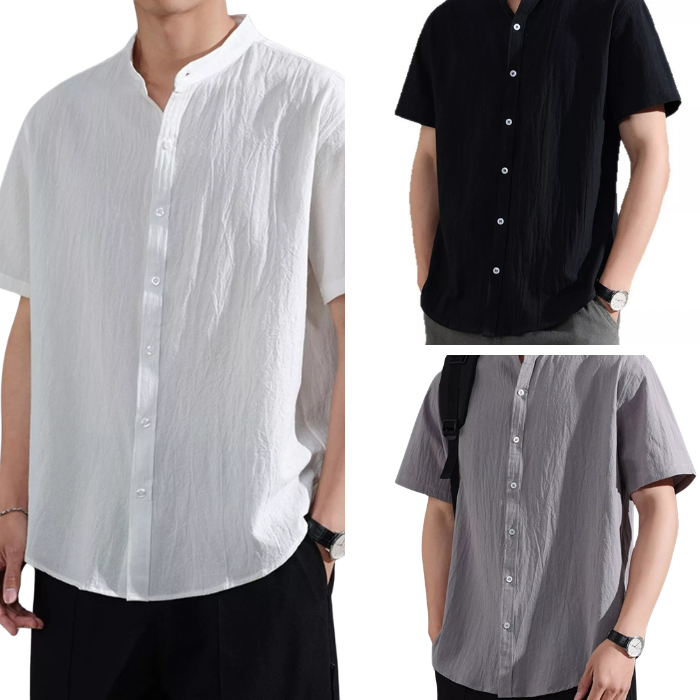 Three shirts in white, black, and gray on a white background