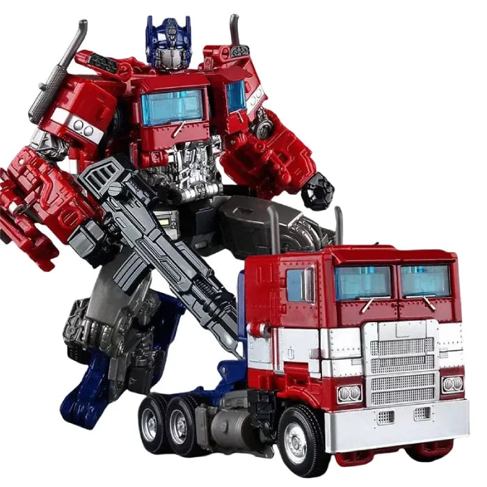 Classic Optimus Prime transforming robot armed with a blaster, posed beside its red truck form with prominent blue wheels.