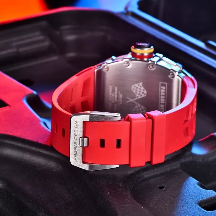 Detailed view of a Pagani Design red rubber watch strap, sturdy and stylish.