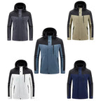 Collection of five different jackets in various colors on a white background