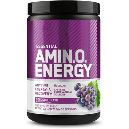 Front view of Essential Amino Energy supplement jar in Concord Grape flavor.