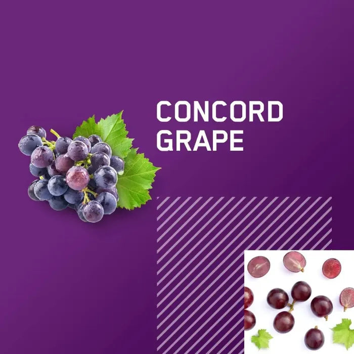 Fresh Concord grapes with leaf on purple background for flavor illustration.