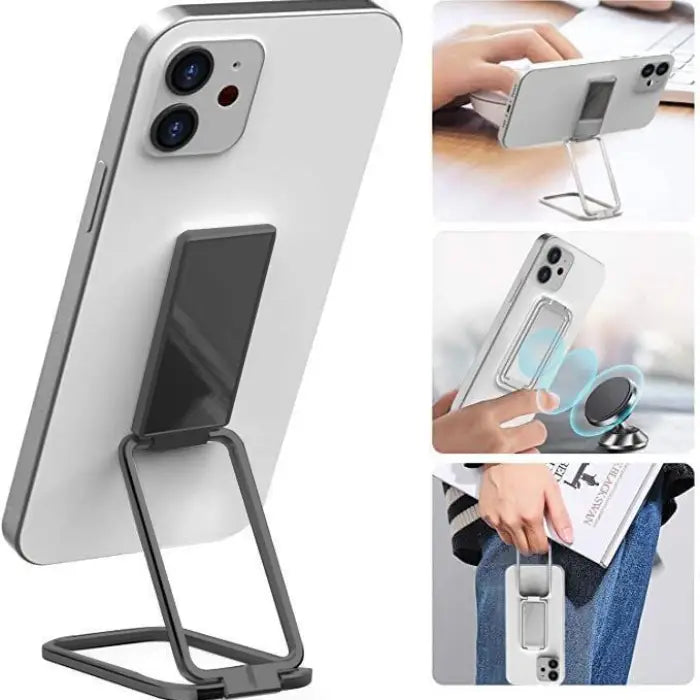 Dark metal phone stand with magnetic mount, adjustable angle, and convenient portable design.