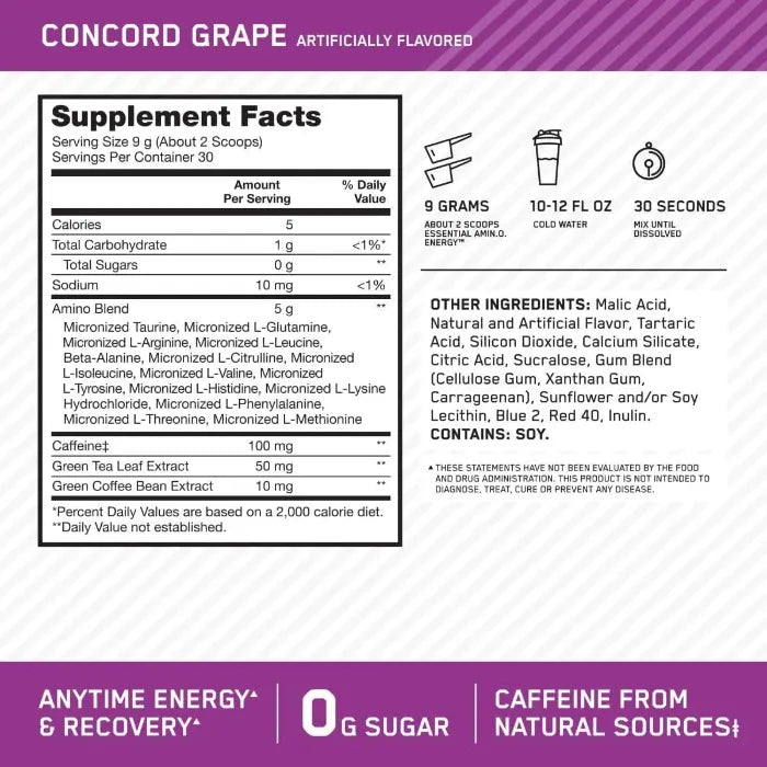 Detailed supplement facts for Amino Energy in Concord Grape flavor, zero sugar.