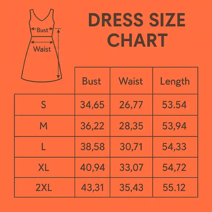 Floral Summer Dress Size Chart from Small to 2XL size in Inches.