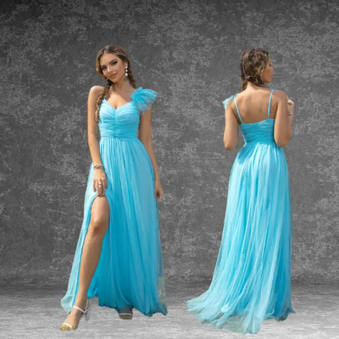 Model showcases front and back of a stunning flowy light blue prom dress with flutter sleeve and high slit detail
