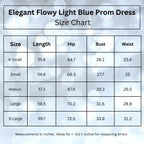 elegant flowy light blue prom dress size chart sizes Extra Small to Extra Large.