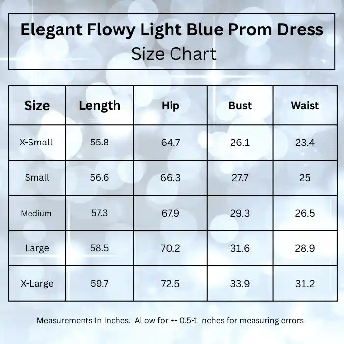 elegant flowy light blue prom dress size chart sizes Extra Small to Extra Large.