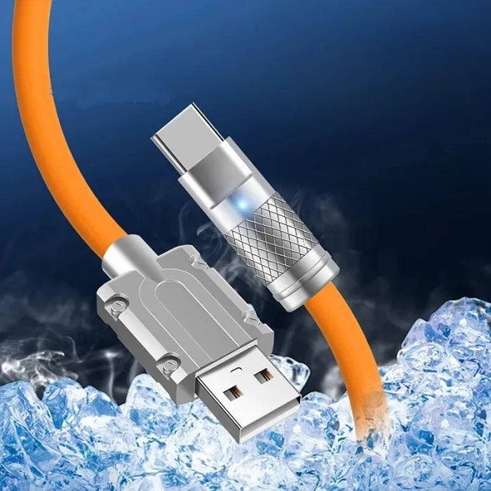 Image showcasing fast USB charging cable's feature of staying cool, essential for safety.