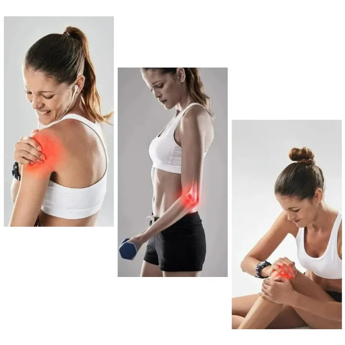 Athletic women demonstrating red light therapy for shoulder, elbow, and knee pain relief during workouts