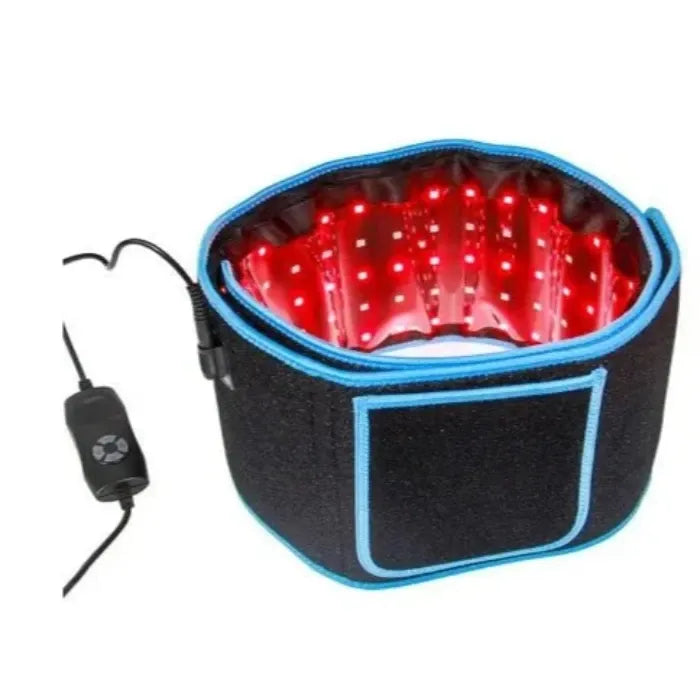 Flexible black LED therapy belt with blue trim, bright red lights, and attached controller for adjustable settings