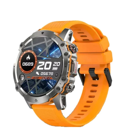 Futuristic smartwatch with bright orange strap, holographic-style display showing time, date, and fitness data on a geometric background