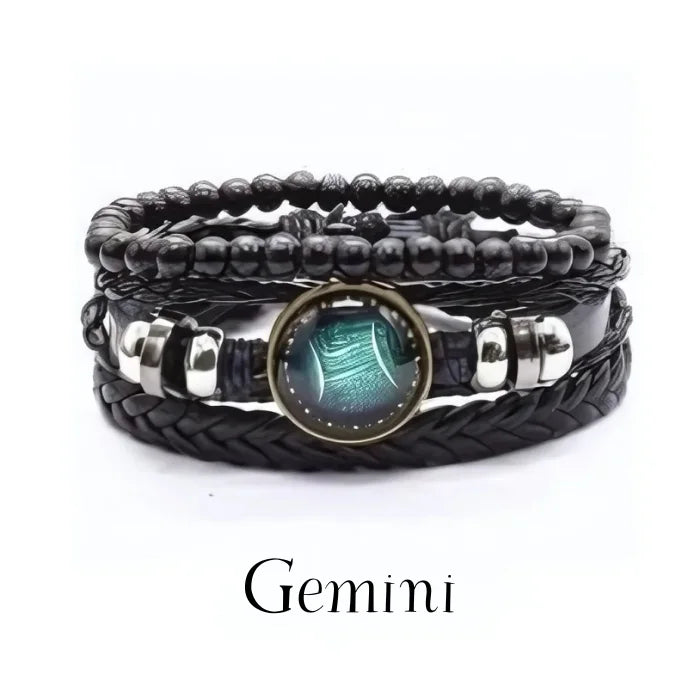 vintage leather bracelet with the Gemini zodiac sign with adjustable leather strap