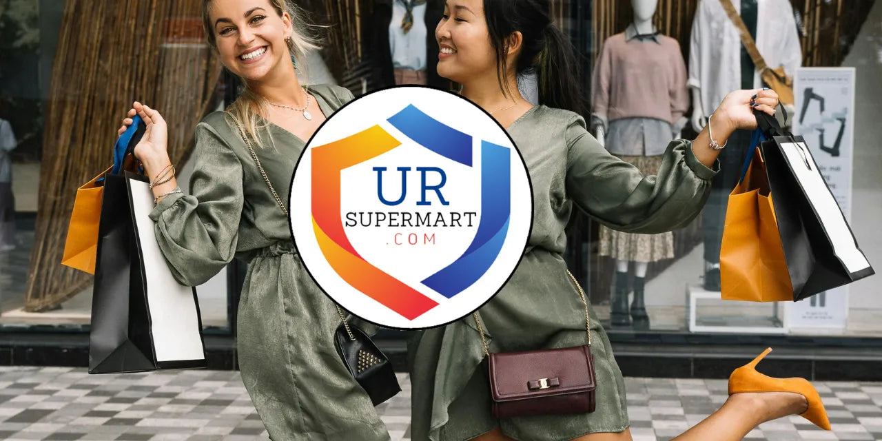 Ursupermart.com logo with women happy with their ursupermart shopping bags