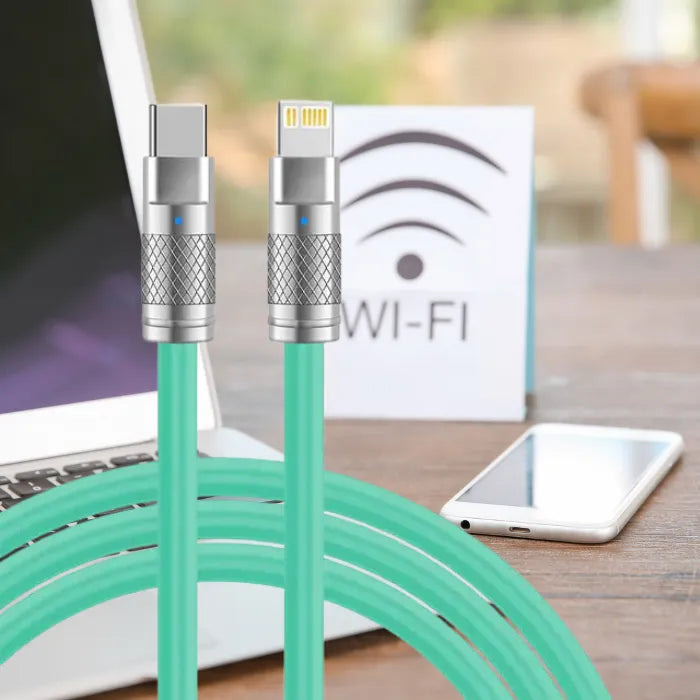 120W green charging cable with Type C to iOS connectors, featuring durable TPE material.