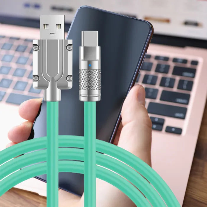 Green USB to Type C 120W charging cable with 6.0 bold wire and TPE flexible material.