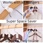 Collage of a hanger with a space-saving device, showing its use in a closet.