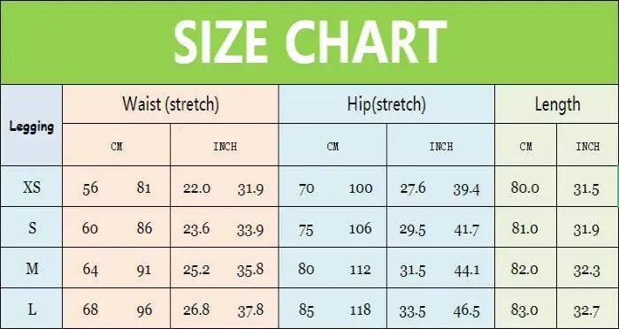 Size Chart for Snowflake camo yoga pants