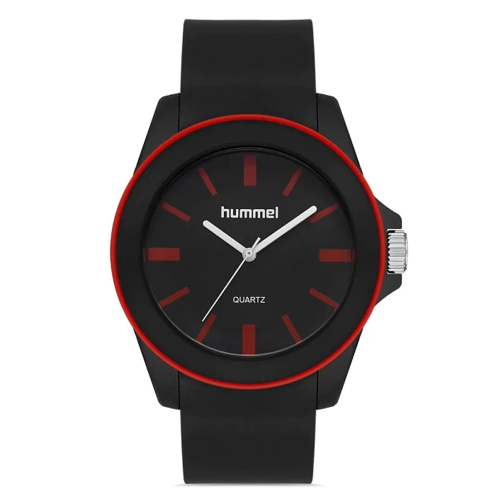 Hummel HM-1004MA-3 minimalist watch with black case, red accent ring, and sleek modern design.