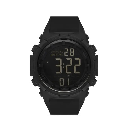 Hummel HM 2000 MD1 Sleek all-black digital sports watch with LCD display, multiple function buttons, and rubber strap 