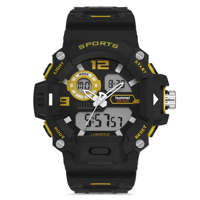 Hummel HM-1016MD-4 waterproof sports watch with dual display, yellow accents, and 50M water resistance for active lifestyle