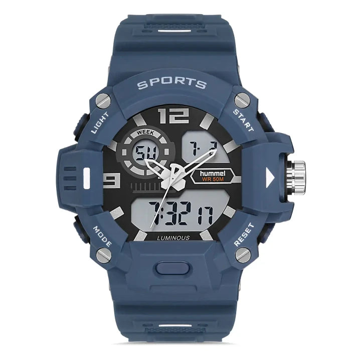 Hummel HM-1016MD-5 dual display sports watch in blue with 50M water resistance and luminous features