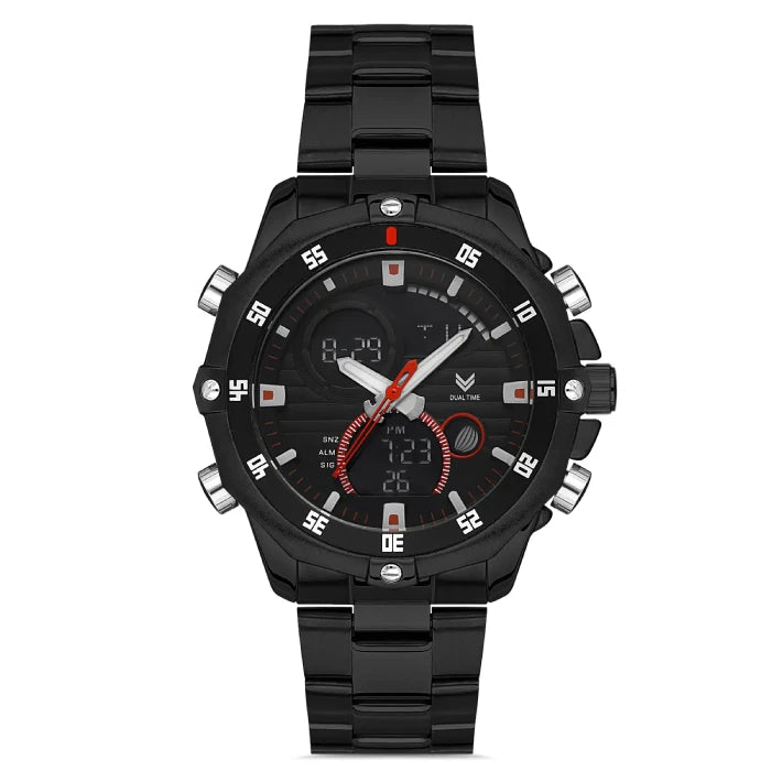 Hummel HM-2005MAD-1 dual time black sports watch with metal band and multifunctional display