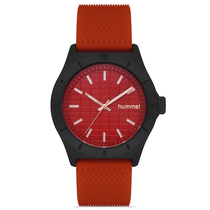 Hummel HM-3003MA-4 luxury watch with red textured dial and black case for bold modern style.