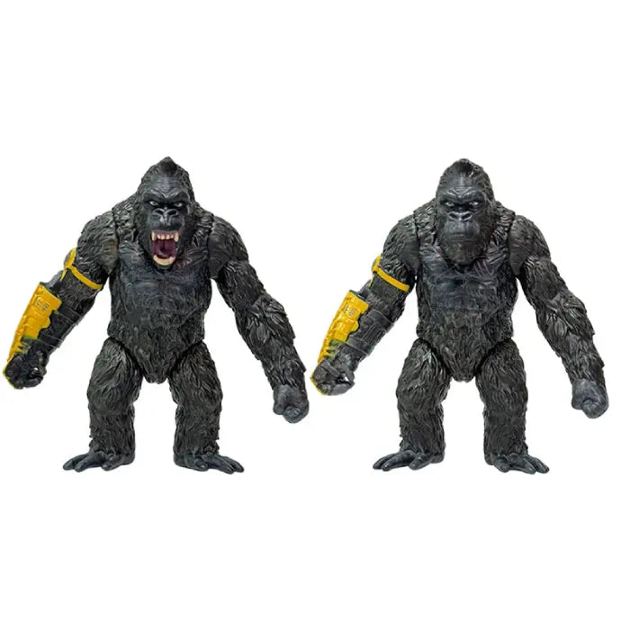 Both king kong action figures with calm and angry face with yellow robot arm front view