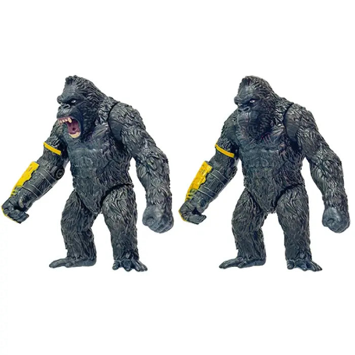 Both king kong action figures with calm and angry face with yellow robot arm right angle view