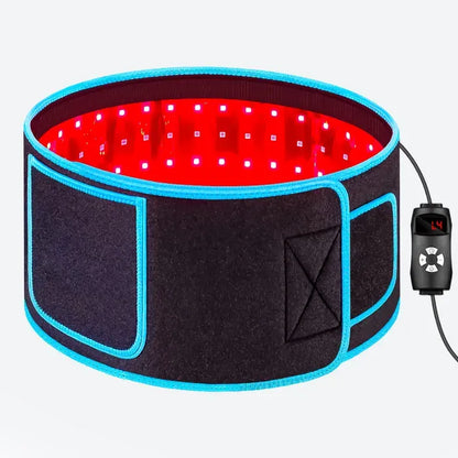 LED waist belt with red light therapy, black fabric exterior, blue trim, and controller for pain relief and recovery