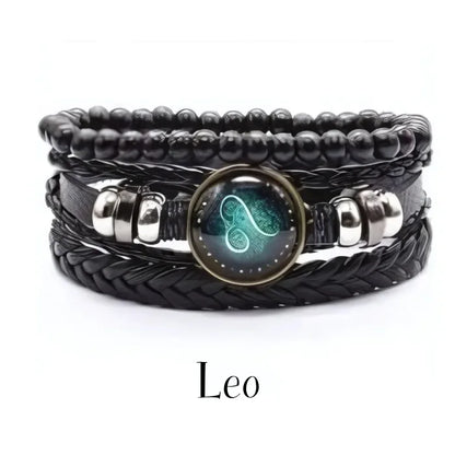 vintage leather bracelet with the Leo zodiac sign with adjustable leather strap