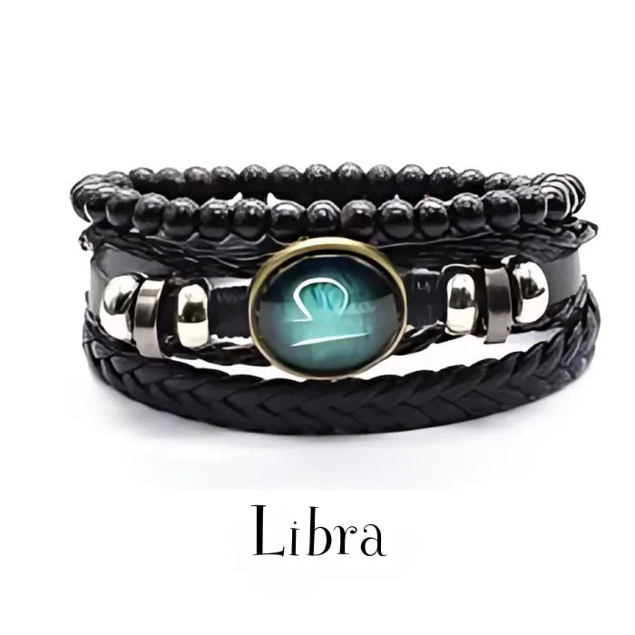 vintage leather bracelet with the Libra zodiac sign with adjustable leather strap