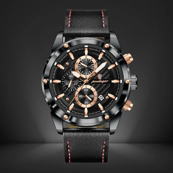 Luxury chronograph watch for men with a sleek black leather strap, stylish dial, and stainless steel case for a premium look.