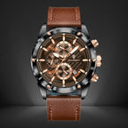 Luxury chronograph watch for men with a sleek brown leather strap, stylish brown dial, and stainless steel case for a premium look.