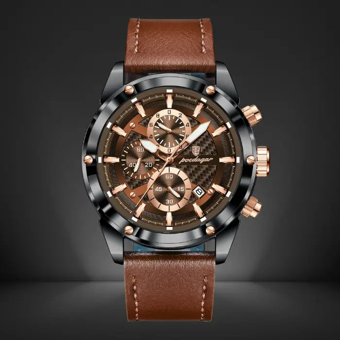 Luxury chronograph watch for men with a sleek brown leather strap, stylish brown dial, and stainless steel case for a premium look.