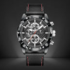 Luxury chronograph watch for men with a sleek gray leather strap, stylish gray dial, and stainless steel case for a premium look.