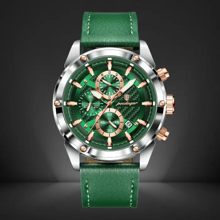 Luxury chronograph watch for men with a sleek green leather strap, stylish green dial, and stainless steel case for a premium look.