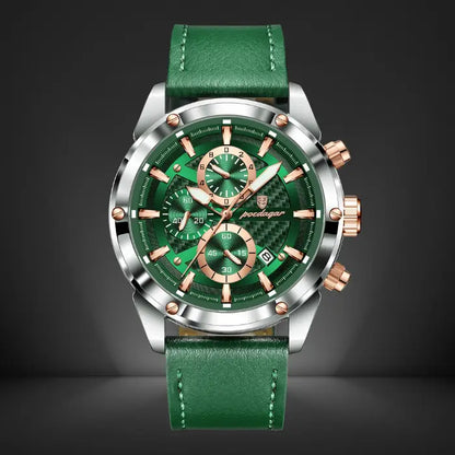 Luxury chronograph watch for men with a sleek green leather strap, stylish green dial, and stainless steel case for a premium look.