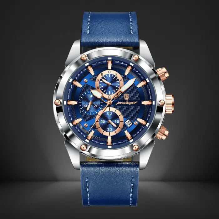 Luxury chronograph watch for men with a sleek blue leather strap, stylish blue dial, and stainless steel case for a premium look.