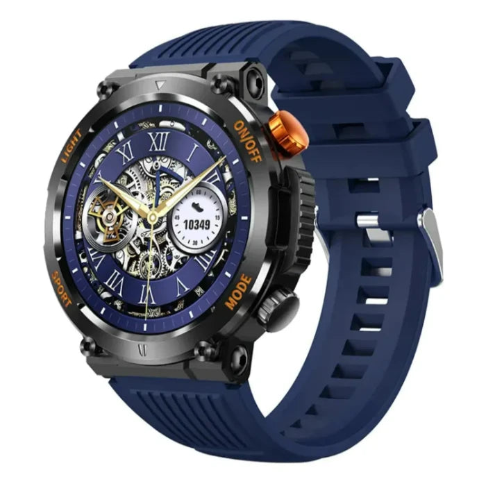 Luxury smartwatch with blue strap, skeleton dial showing intricate mechanics, Roman numerals, and digital step counter subdial