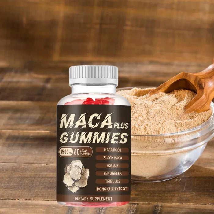 Maca Plus Gummies bottle with Maca powder in the background, ideal for dietary supplementation.