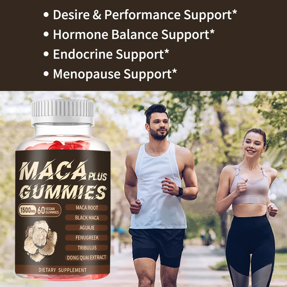 Active couple with Maca Plus Gummies, supporting desire, performance, and endocrine health.