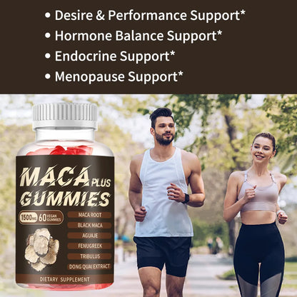 Active couple with Maca Plus Gummies, supporting desire, performance, and endocrine health.