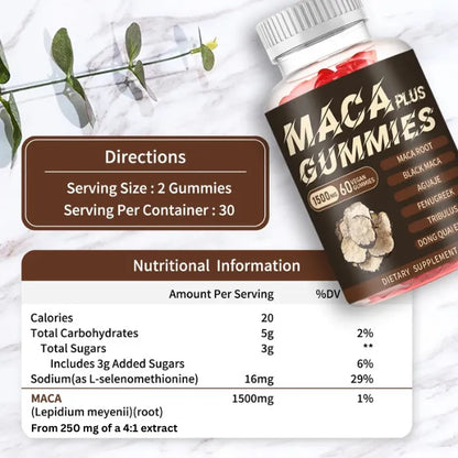 Nutritional information and directions for Maca Plus Gummies, highlighting health benefits.