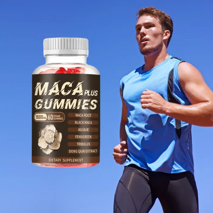 Male runner with Maca Plus Gummies bottle promotes energy and stamina, great for active individuals.