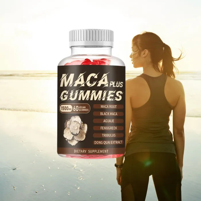 Woman at sunset holding Maca Plus Gummies for hormonal balance and health support.